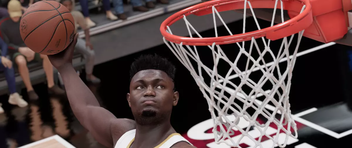 closeup of Zion Williamson attempting a hook shot close to the basket