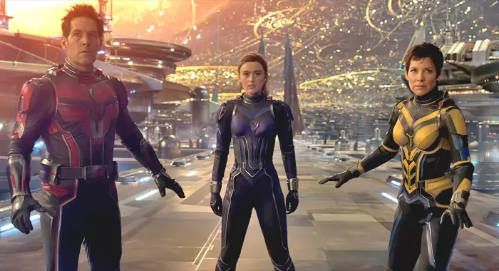 Paul Rudd, Kathryn Newton, and Evangeline Lilly in Ant-Man and the Wasp: Quantumania (2023)