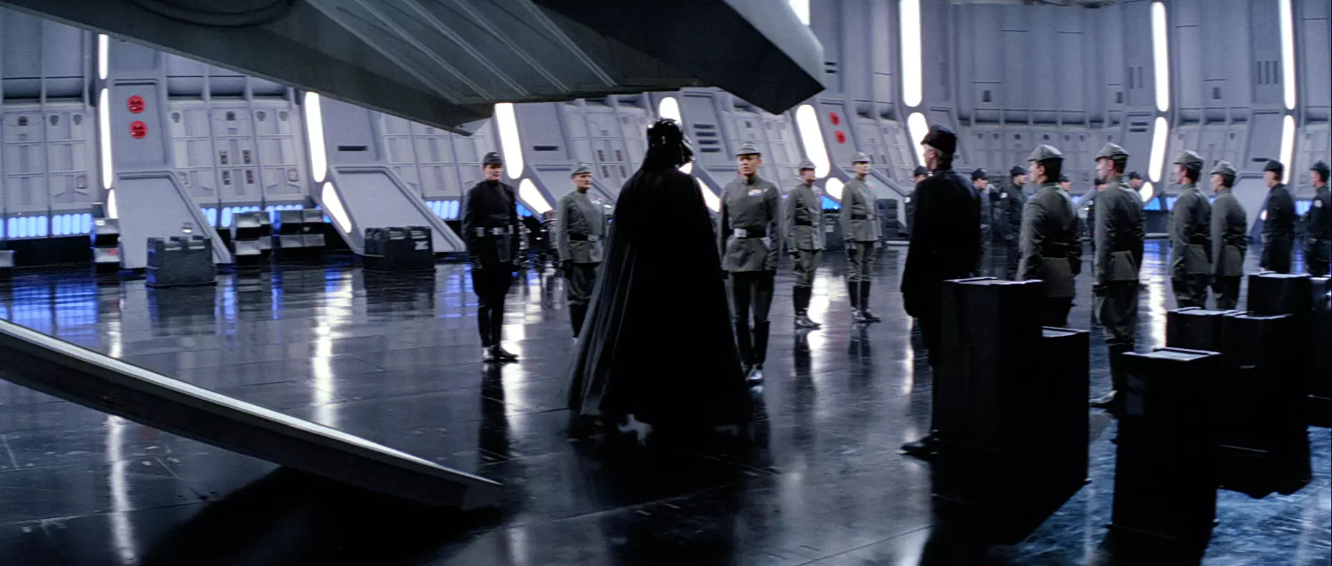 Moff Jerjerrod greets Darth Vader aboard the newly built Death Star.