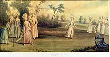 Watercolor painting of a ladies cricket match