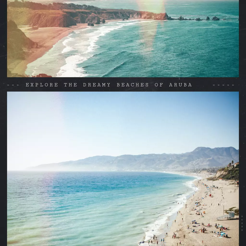 Tri-fold brochure with images of a beach with mountains in the distance