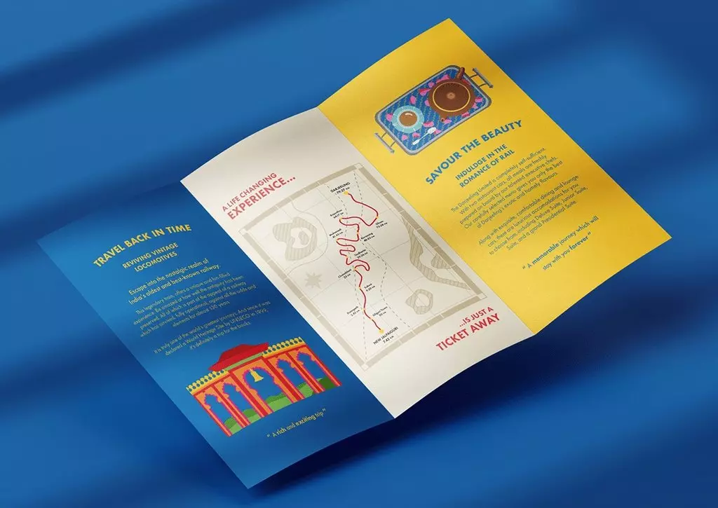 Darjeeling Limited travel brochure with a map of the area and colorful illustrations