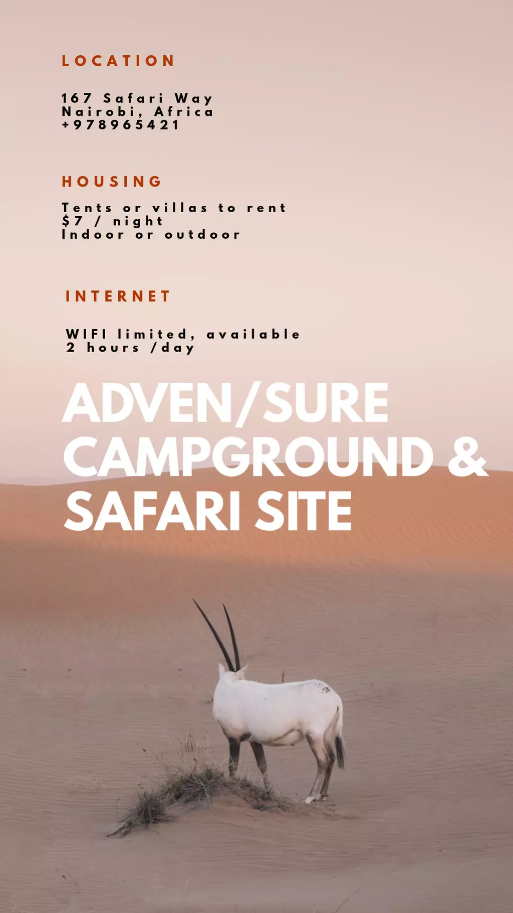 Brochure template with photo of an antelope in the desert under location information