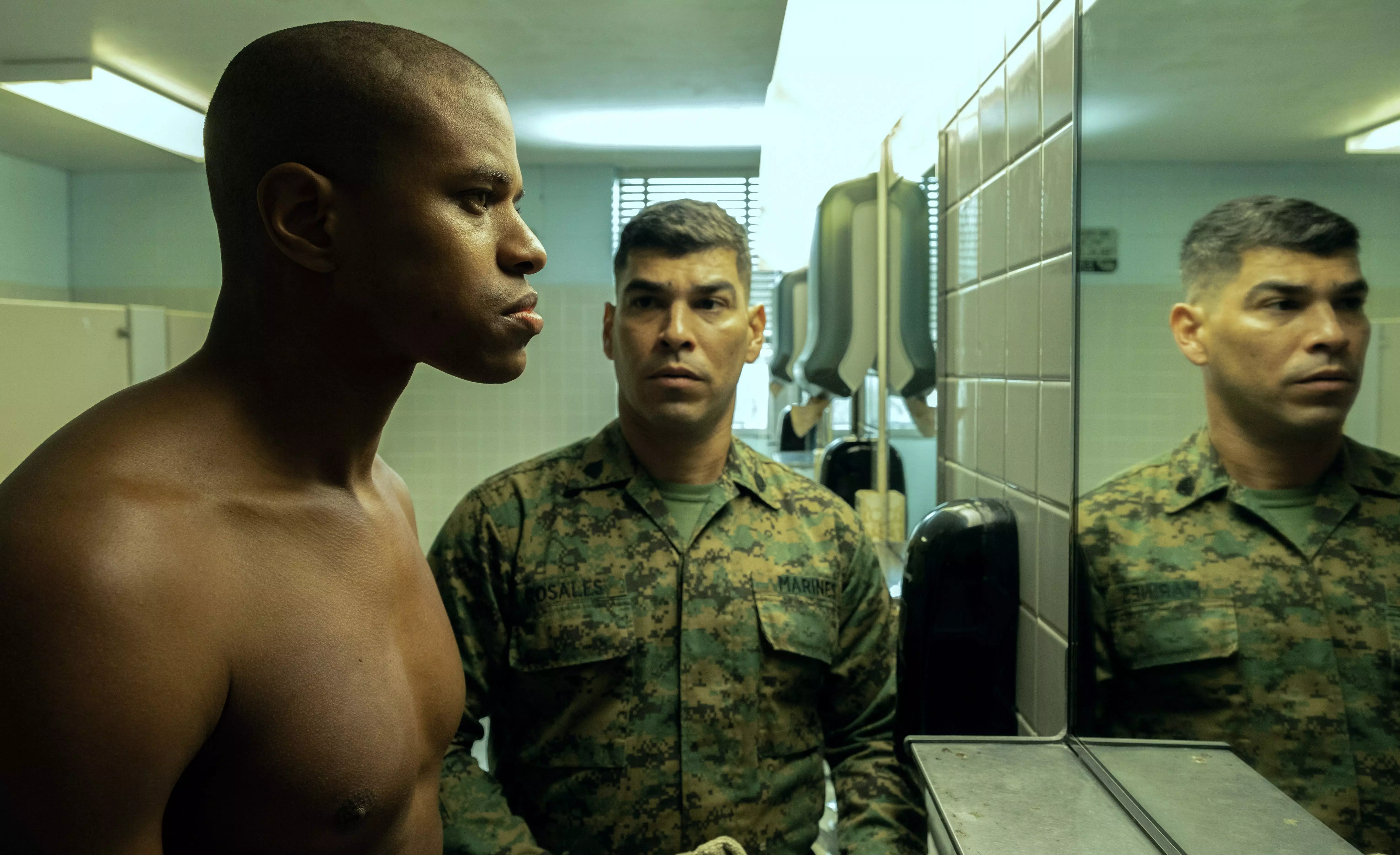 Jeremy Pope (left) stars as a gay Marine recruit who confides in a drill instructor (Raúl Castillo) during boot camp in "The Inspection."