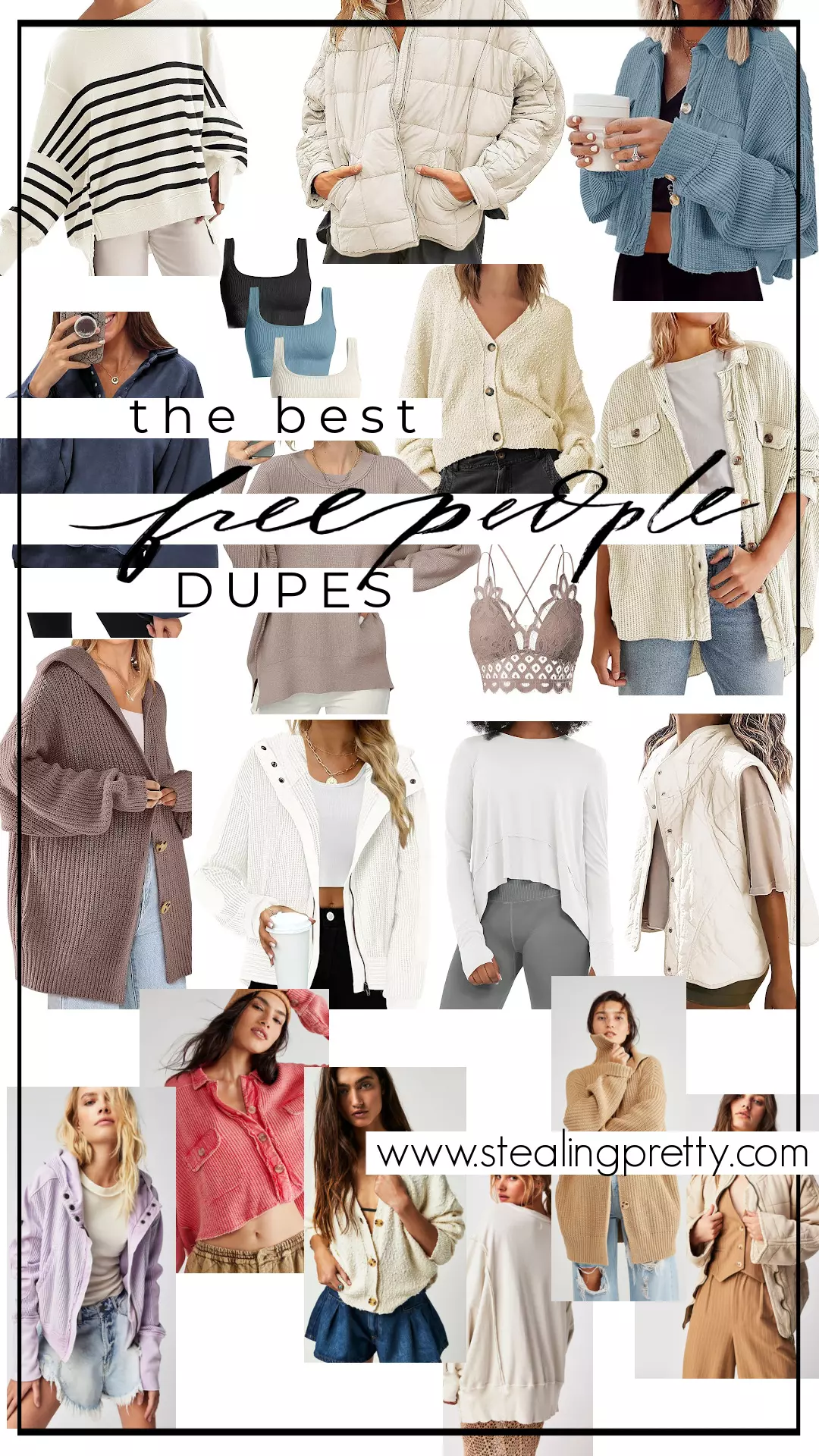 Clothes collage of Free People dupes clothes.