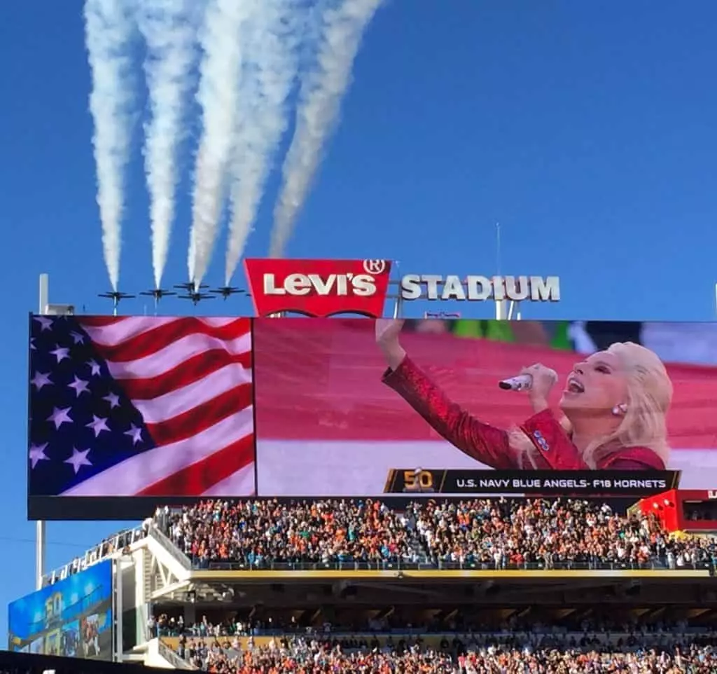 The Levi’s Stadium scoreboard showing a close-up of Lady Gaga singing the national anthem
