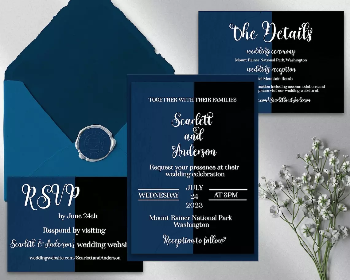 Navy Blue and Black Wedding Invitation Template