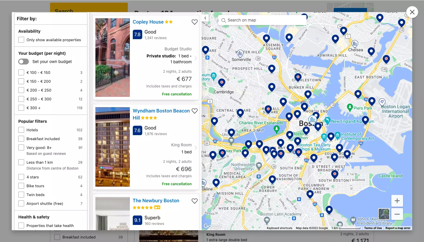 Screenshot of a Booking.com listing of the Boston area with the map view