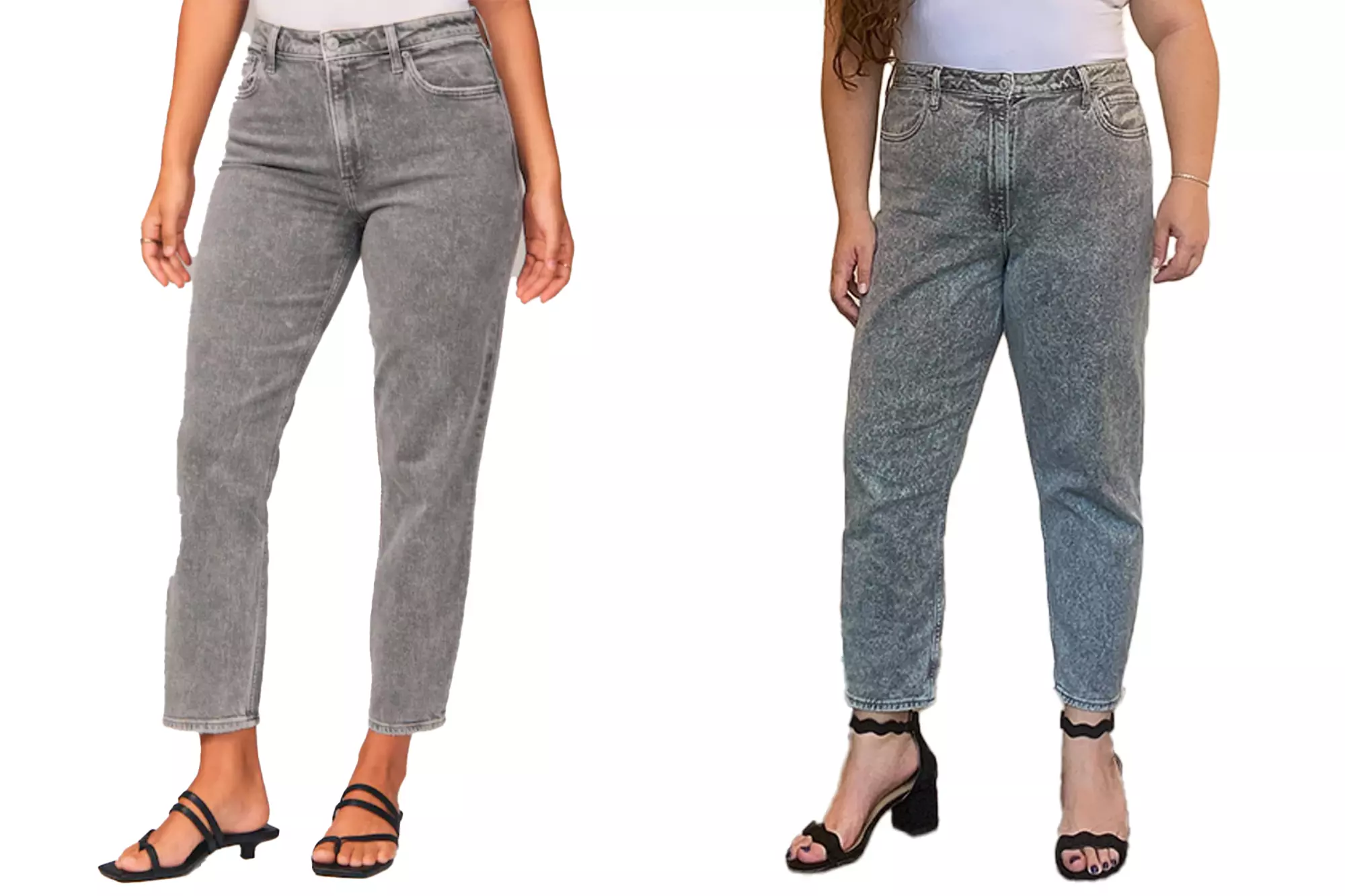 A side by side image of a model in gray jeans and a white tank top and Sophie Cannon in the same outfit and pose