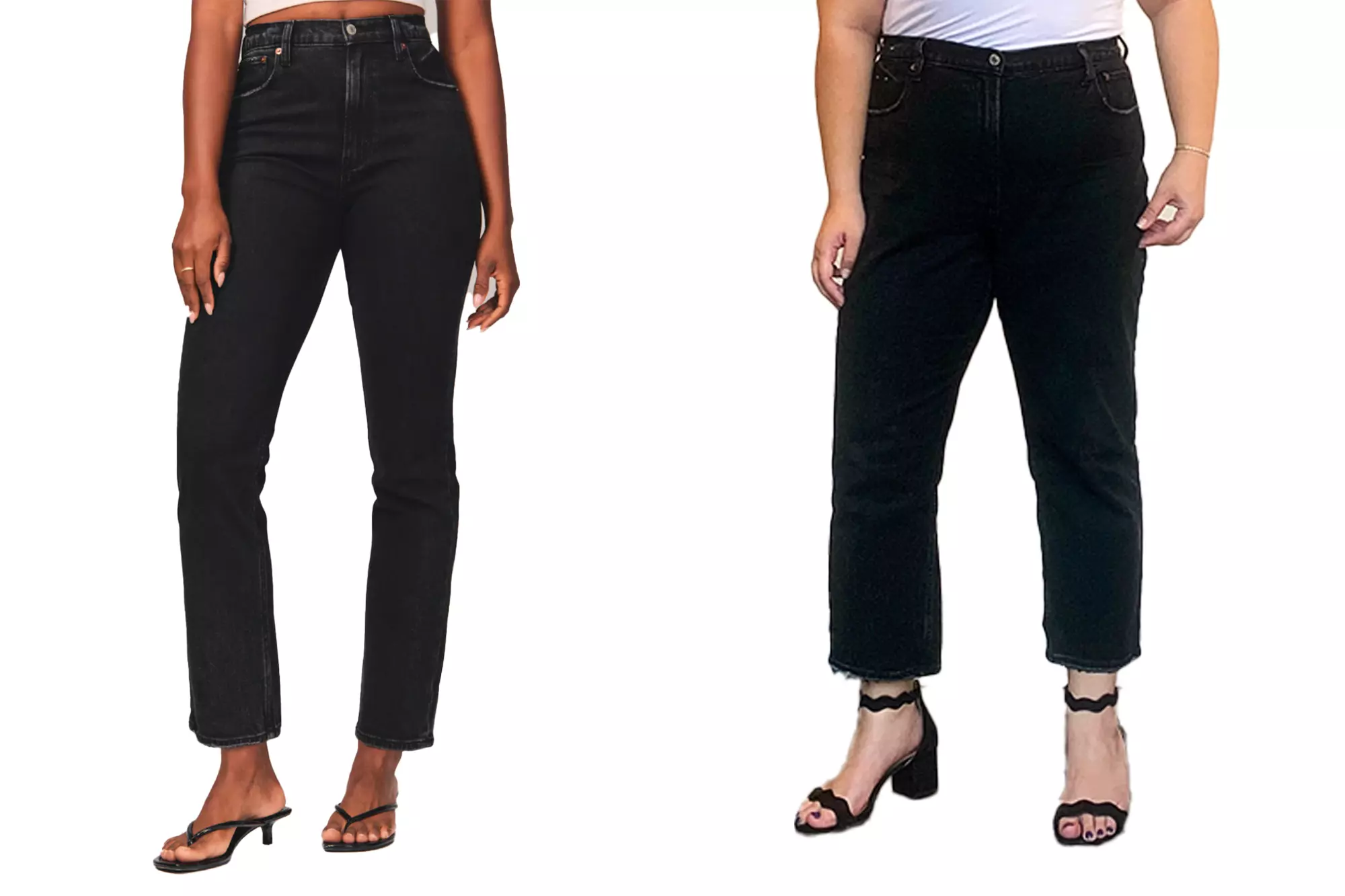 A side by side image of a model in black jeans and a white tank top and Sophie Cannon in the same outfit and pose
